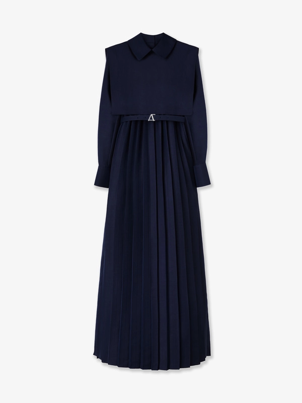 Midnight Blue Wool Blend Geometric Brooch Pleated Dress