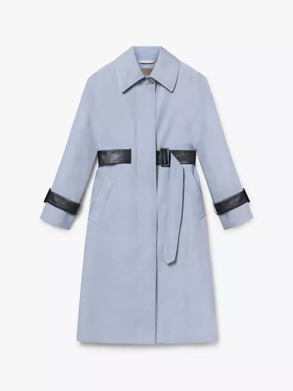 WOOL-BLEND TRENCH-STYLE COAT WITH LEATHER DETAILS IN LIGHT BLUE