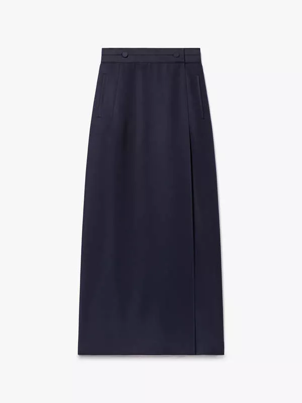 WOOL-BLEND WRAP SKIRT IN NAVY BLUE