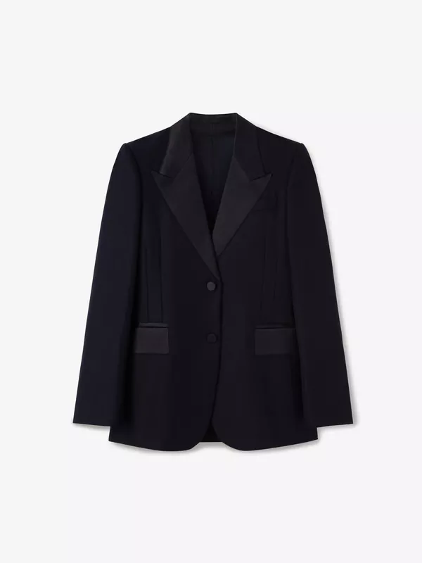 WOOL-BLEND BLAZER IN NAVY WITH SILK DETAILS IN BLACK