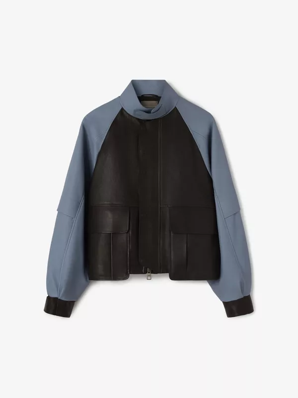  LEATHER BOMBER JACKET IN BITTER CHOCOLATE AND BLUEBELL
