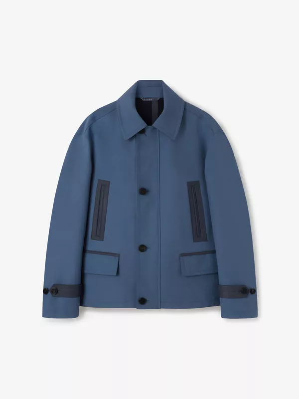 WOOL CAR COAT WITH LEATHER DETAILS IN MEDIUM BLUE AND STEEL