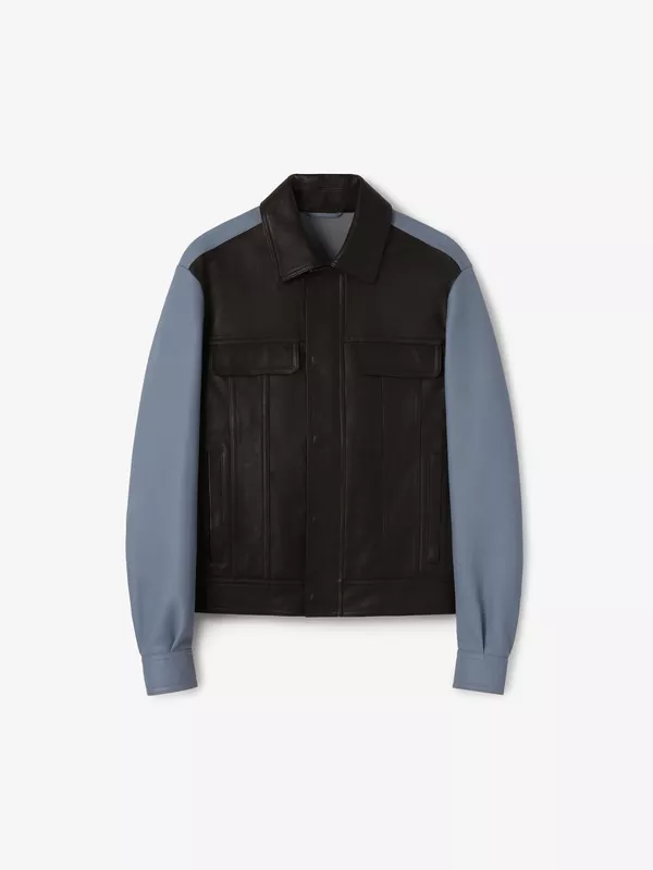 LEATHER BLOUSON JACKET IN BITTER CHOCOLATE AND BLUEBELL