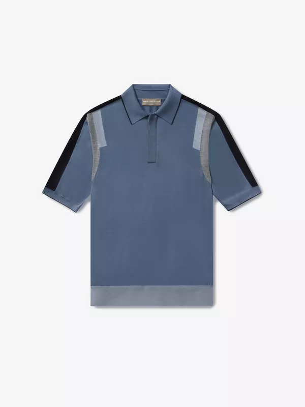SILK-COTTON POLO SHIRT WITH INTARSIA CONTRAST IN MEDIUM BLUE