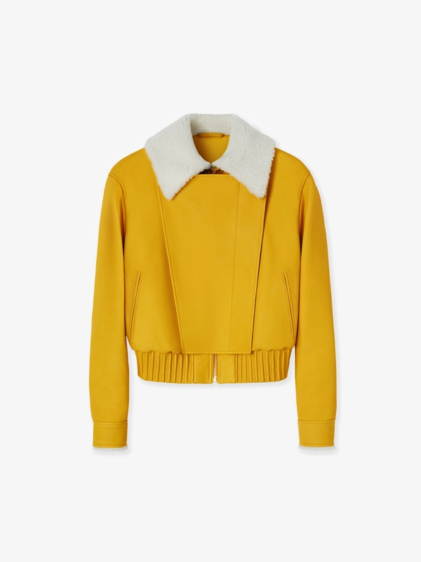 LEATHER BLOUSON WITH SHEARLING COLLAR IN WINTER SAFFRON & WINTER SNOW