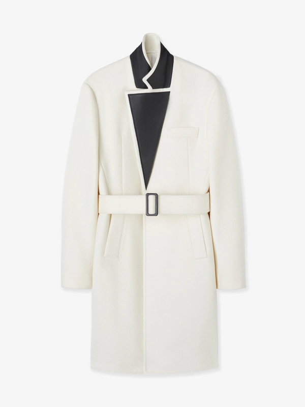 CASHMERE BELTED SINGLE- BREASTED COAT IN WINTER SNOW & BLACK