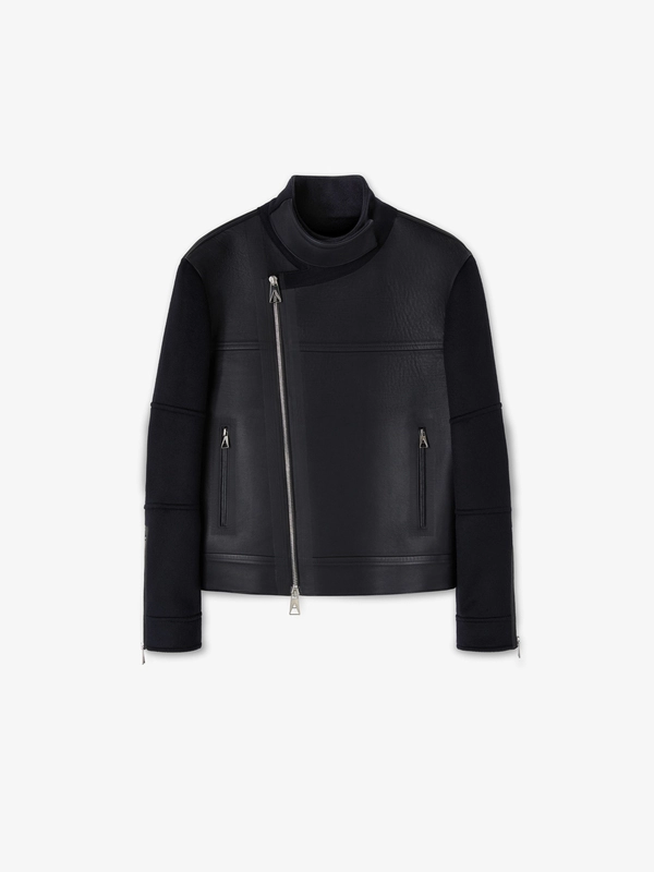LEATHER BIKER JACKET IN BLACK & MIDNIGHT BLUE