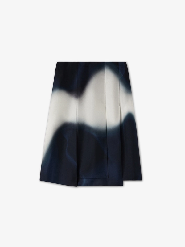 PRINTED SILK TWILL MULTILAYERED SKIRT IN MIDNIGHT BLUE