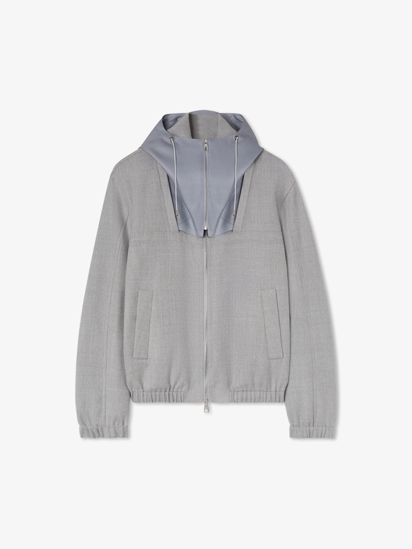 DOUBLE FACE WOOL HOODED BLOUSON IN SILVER PEARL/ PALE IVORY