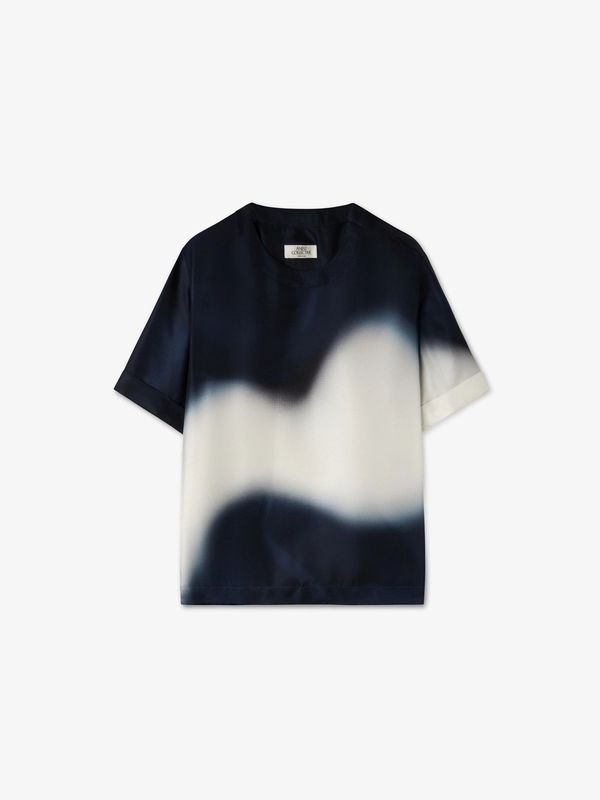 SILK TWILL PRINTED SHORT SLEEVE SHIRT IN MIDNIGHT BLUE