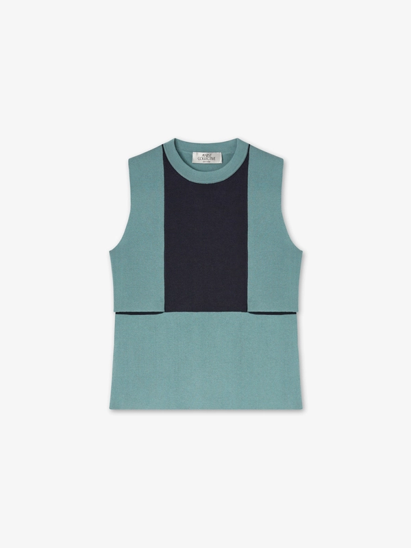 SILK COTTON KNIT CAPE TOP IN EUCALIPTUS/MIDNIGHT BLUE
